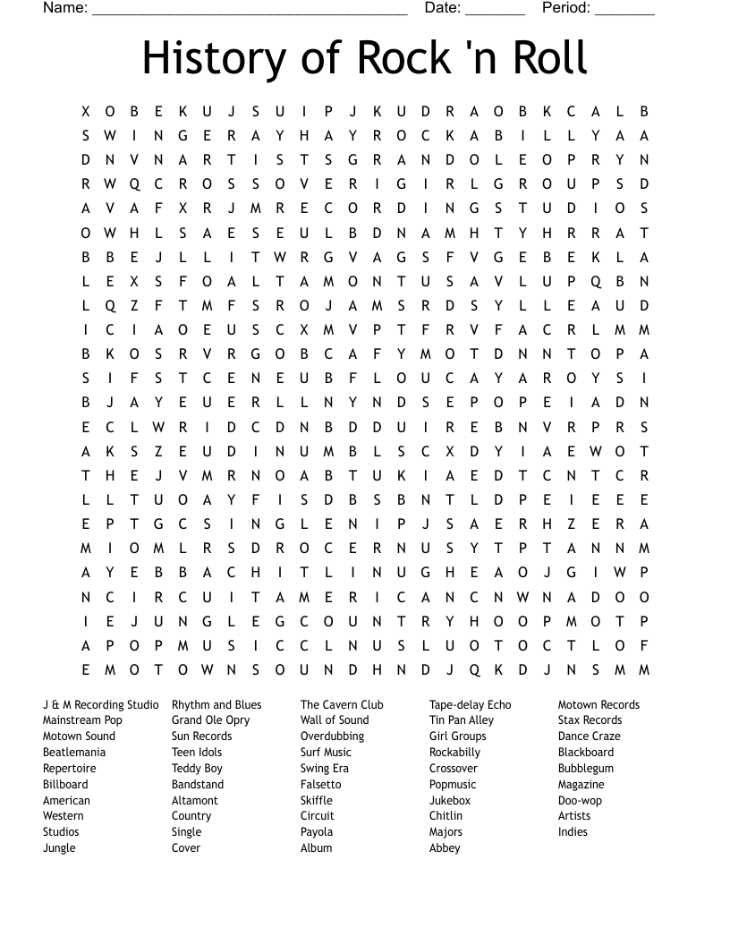 History of Rock 'n Roll Word Search