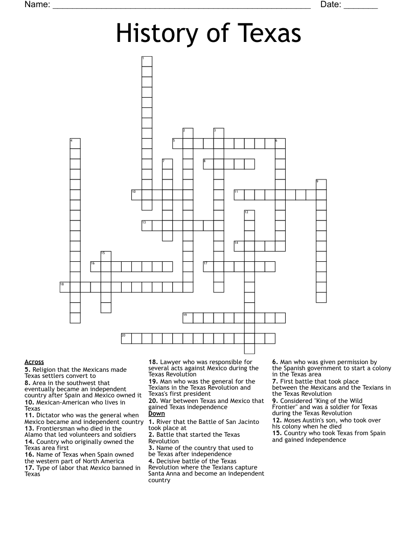 History of Texas Crossword