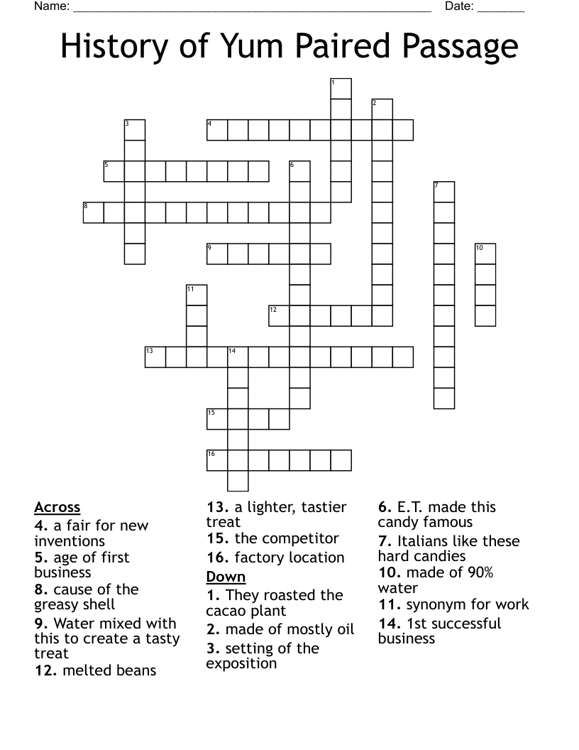 History of Yum Paired Passage Crossword