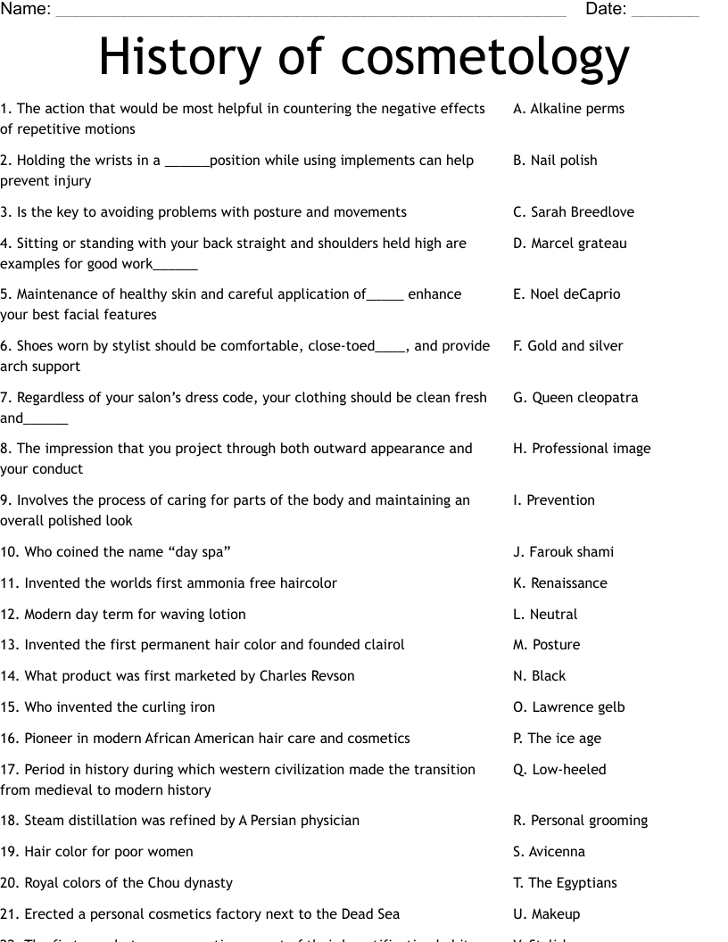 History of cosmetology  Worksheet