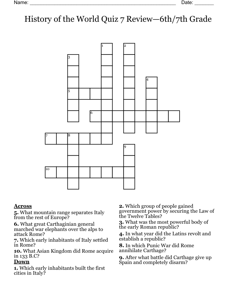 History of the World Quiz 7 Review—6th/7th Grade Crossword