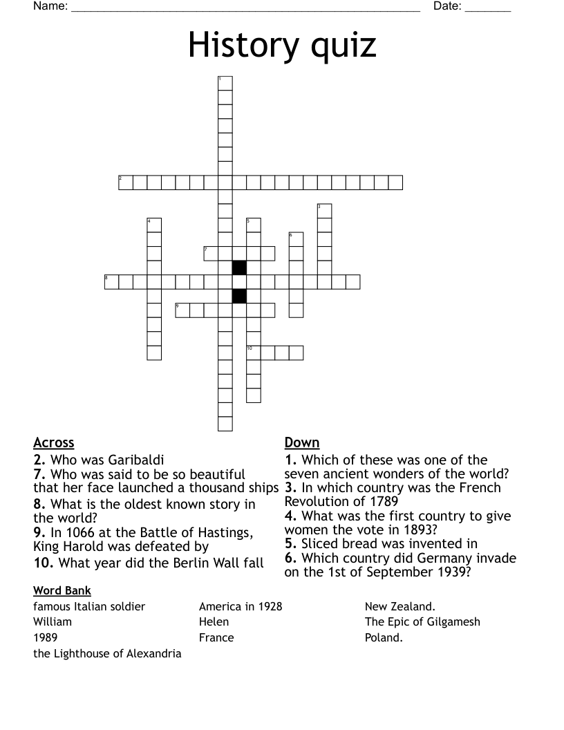 History quiz Crossword