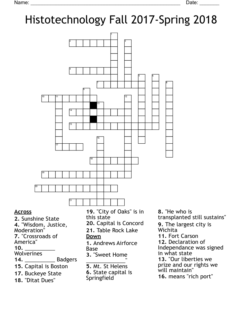 Histotechnology Fall 2017-Spring 2018 Crossword