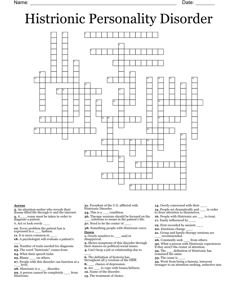 Histrionic Personality Disorder Crossword