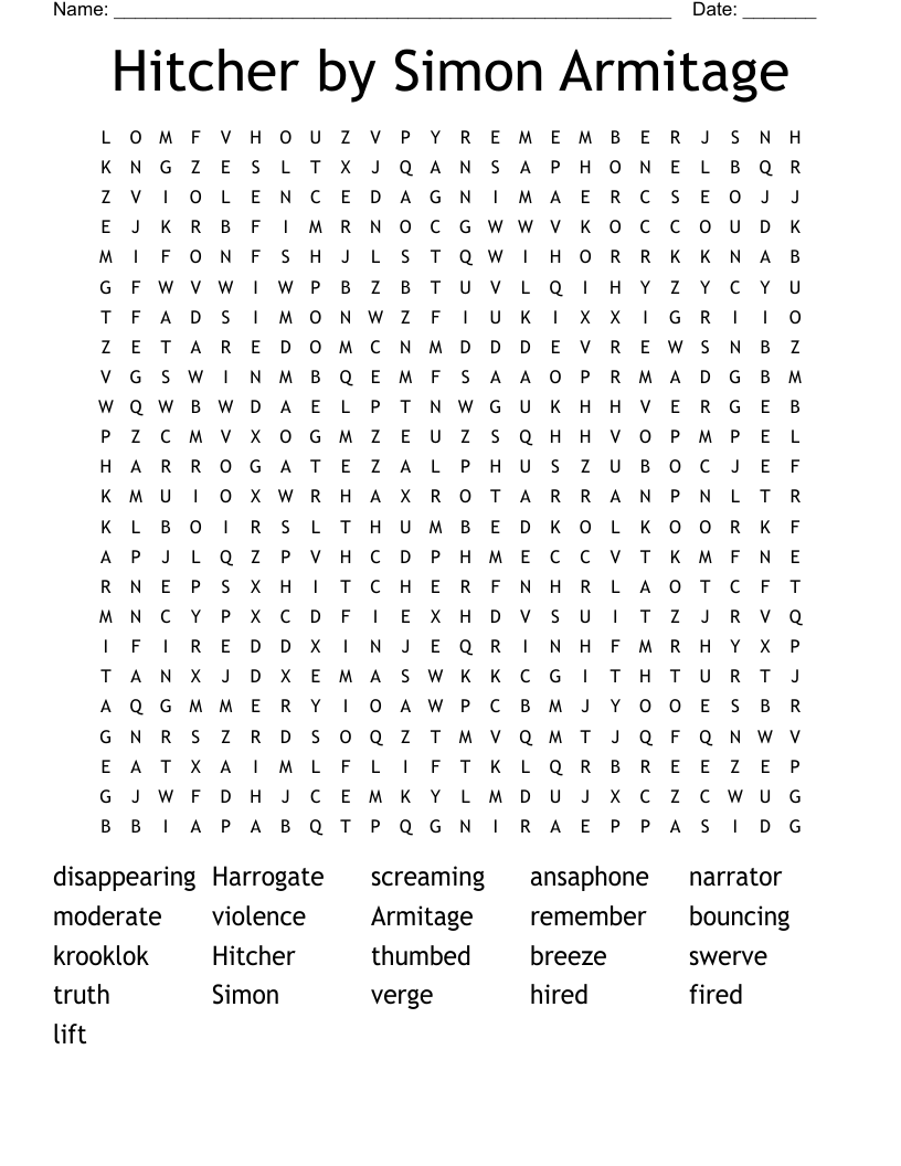 Hitcher by Simon Armitage Word Search