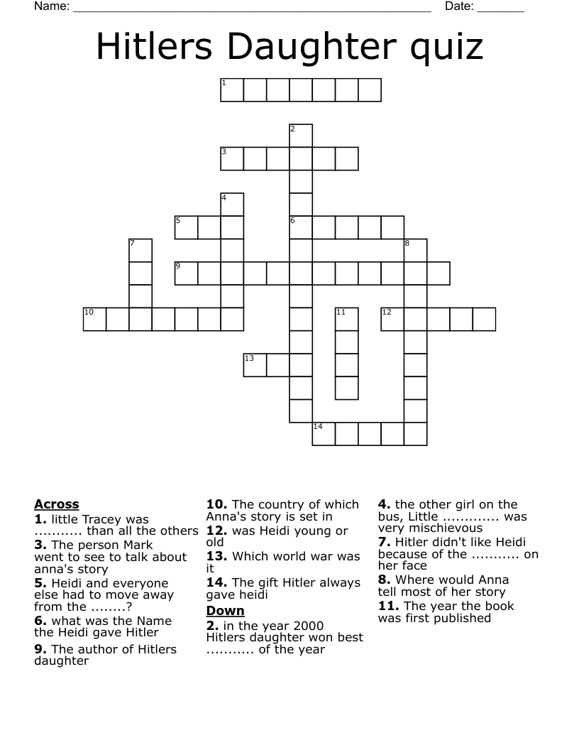 Hitlers Daughter quiz Crossword