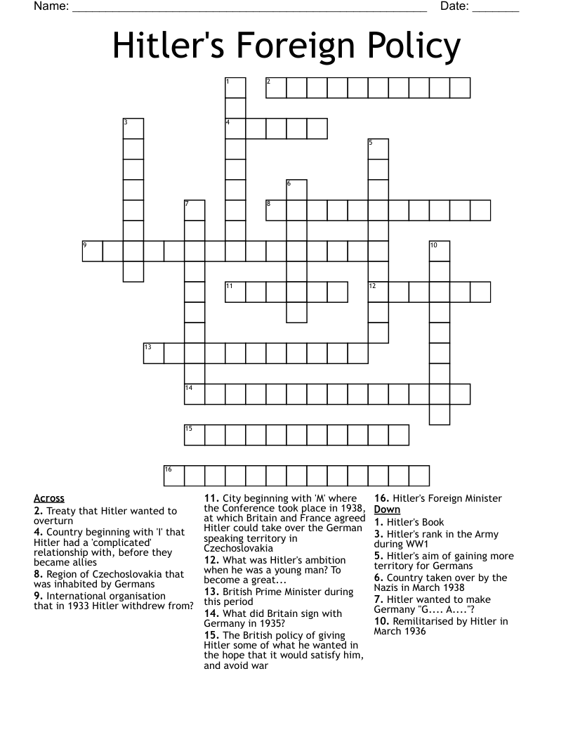 Hitler's Foreign Policy Crossword