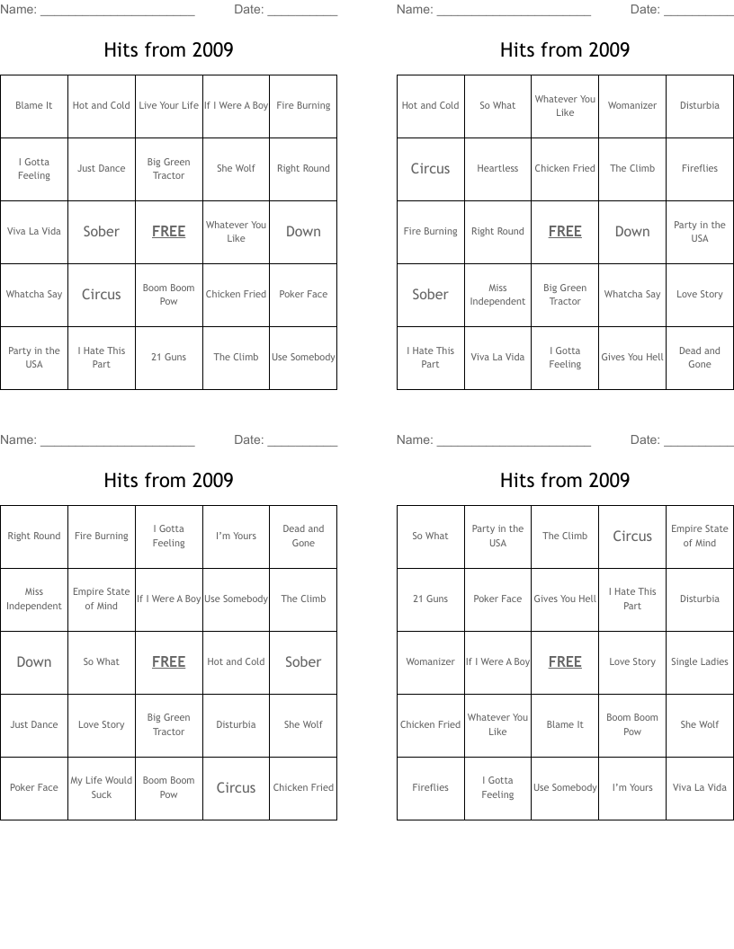 Hits from 2009 Bingo Cards