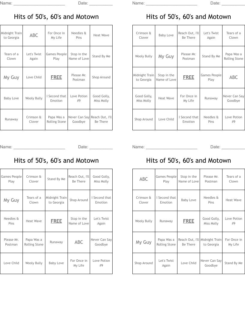 Hits of 50's, 60's and Motown Bingo Cards
