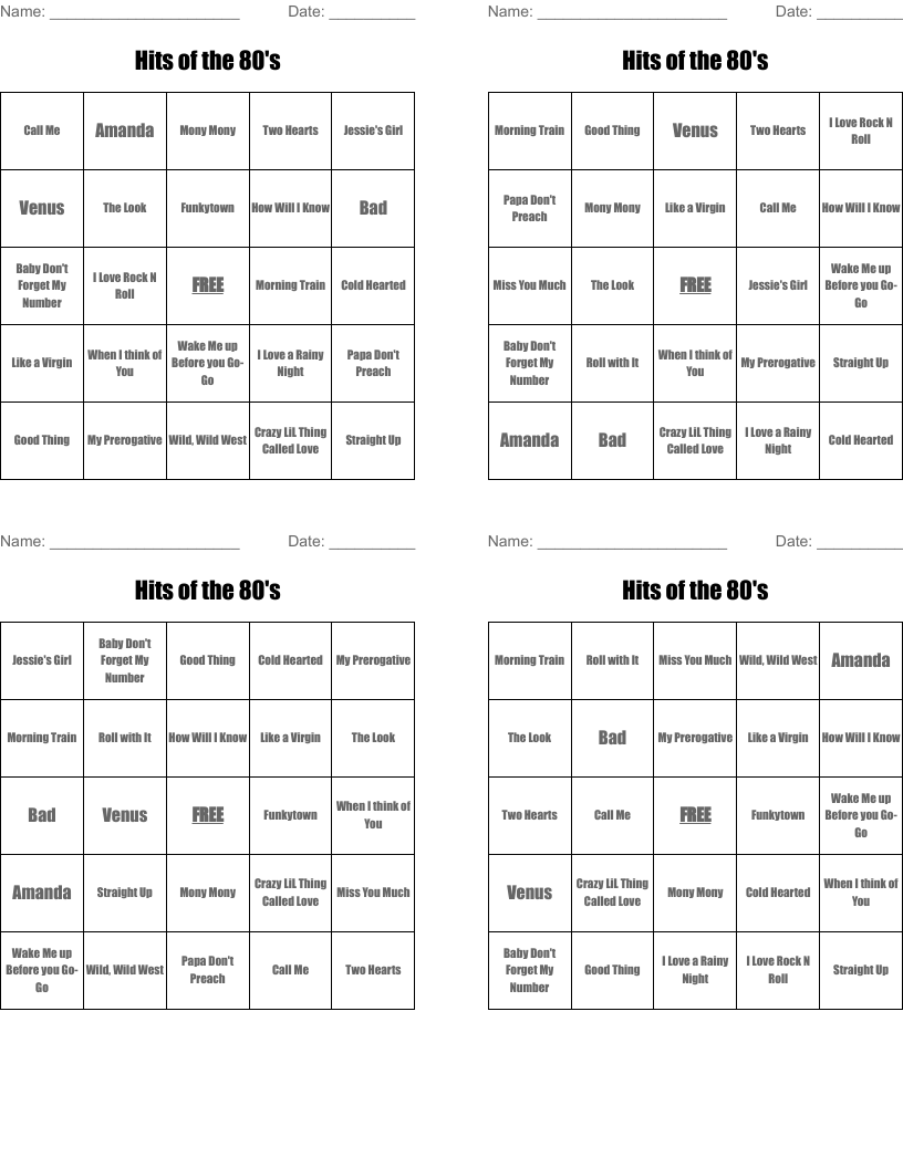 Hits of the 80's Bingo Cards