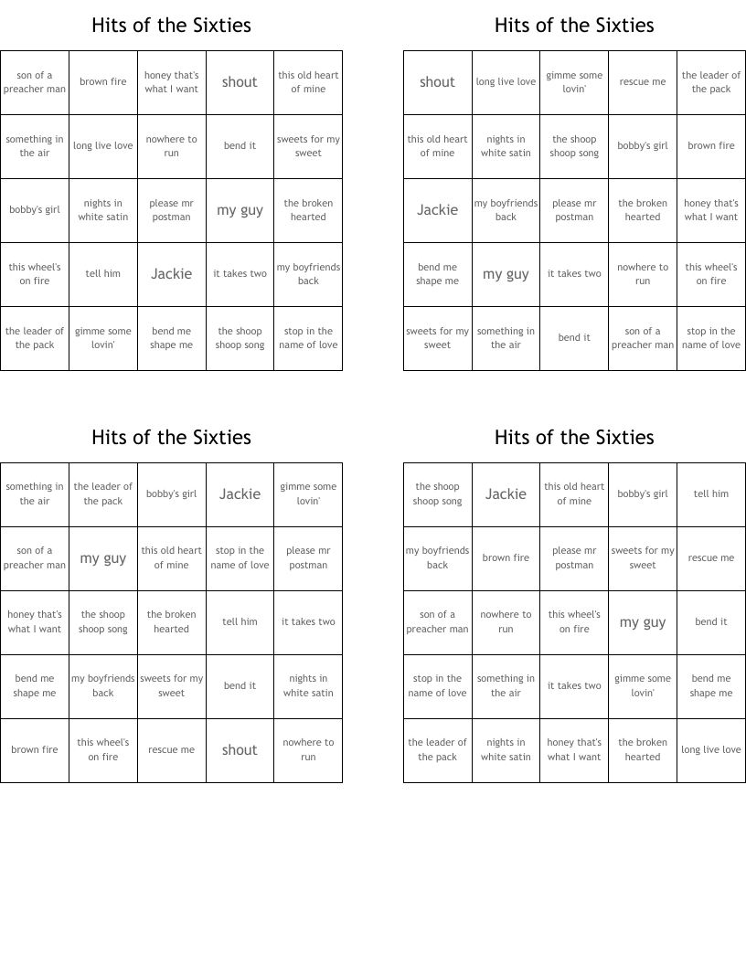 Hits of the Sixties Bingo Cards
