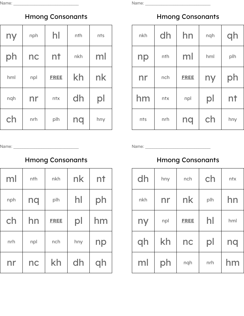 Hmong Consonants Bingo Cards