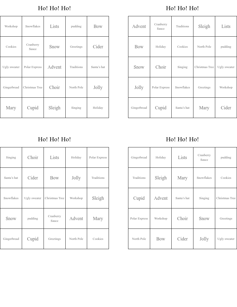Ho! Ho! Ho! Bingo Cards
