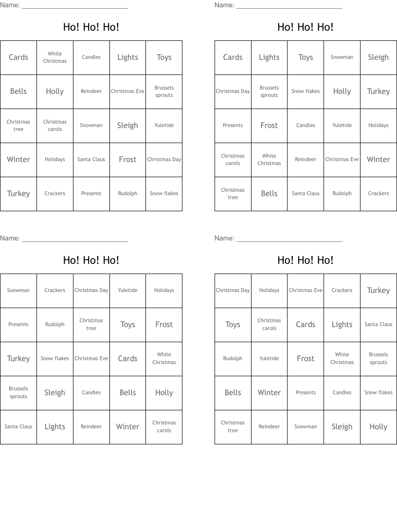 Ho! Ho! Ho! Bingo Cards