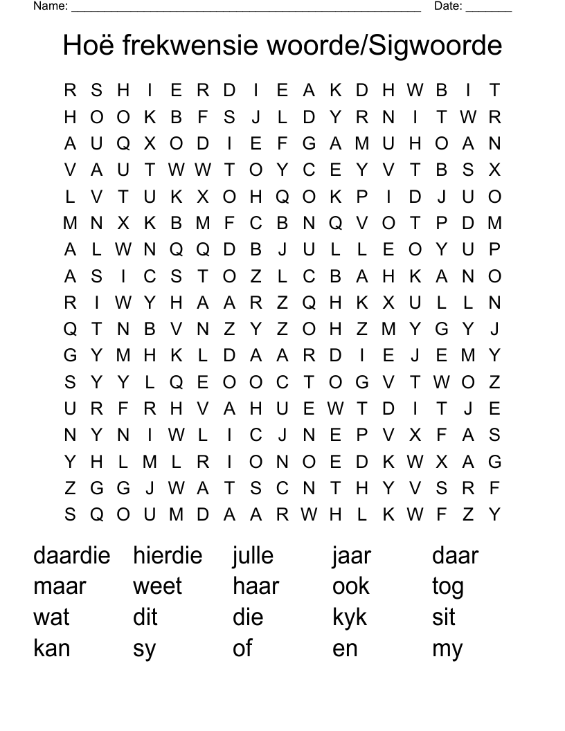 Hoë frekwensie woorde/Sigwoorde  Word Search