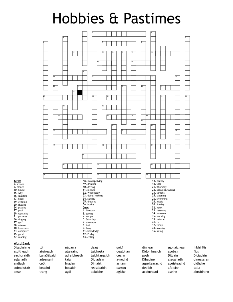 Hobbies & Pastimes Crossword