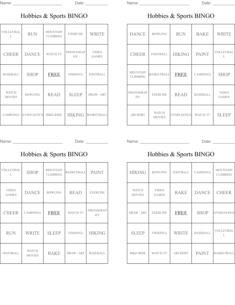 Hobbies & Sports BINGO