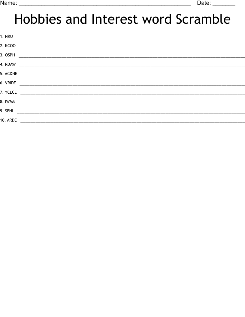 Hobbies and Interest  word Scramble