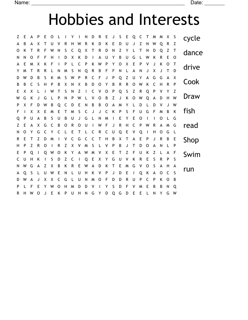 Hobbies and Interests Word Search