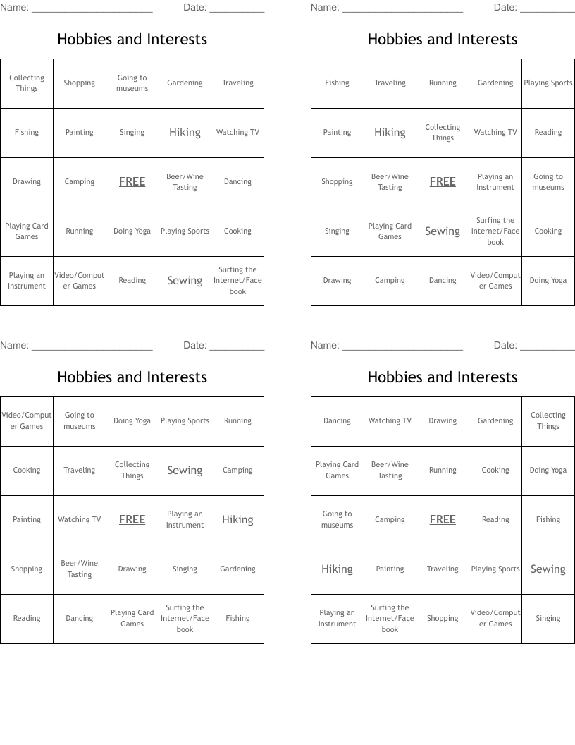 Hobbies and Interests Bingo Cards