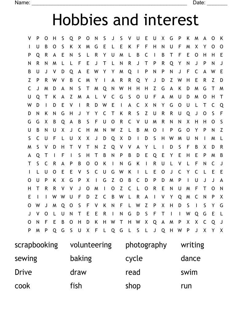 Hobbies and interest Word Search