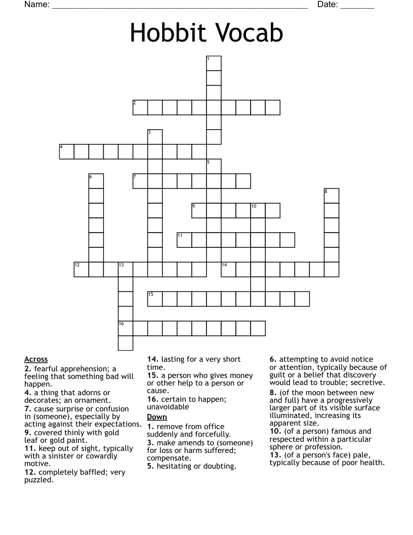 Hobbit Vocab Crossword