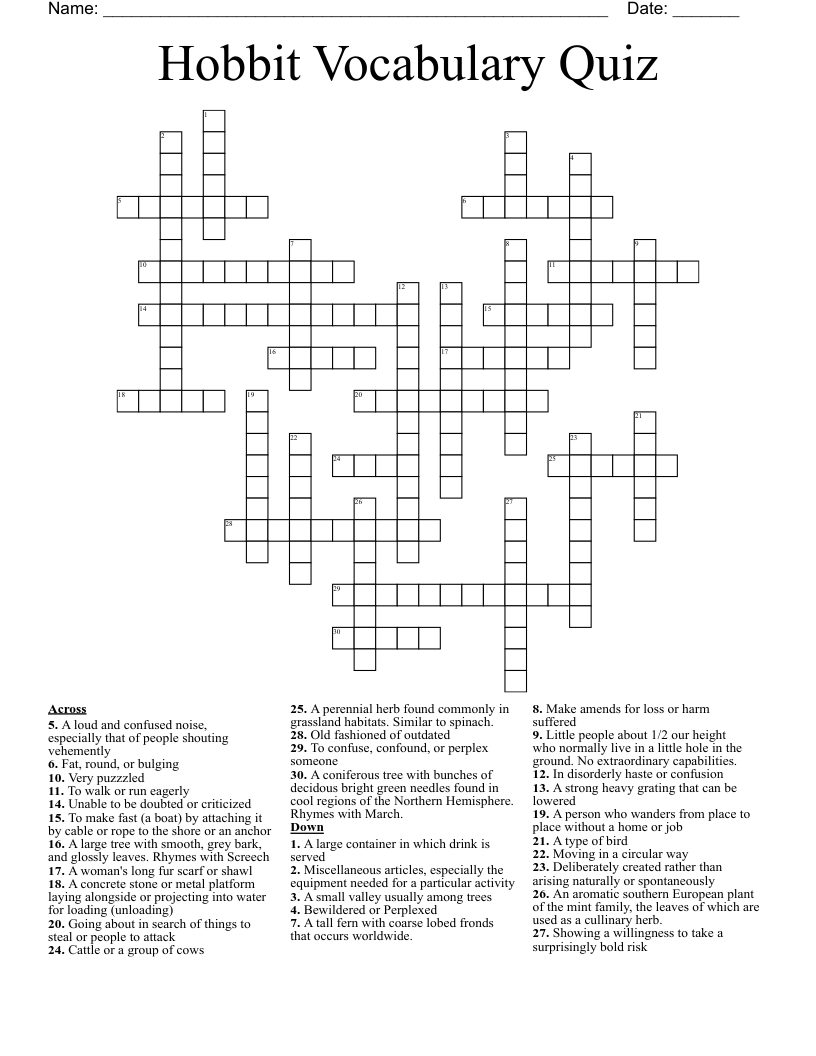 Hobbit Vocabulary Quiz Crossword