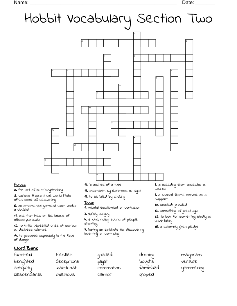 Hobbit Vocabulary Section Two Crossword