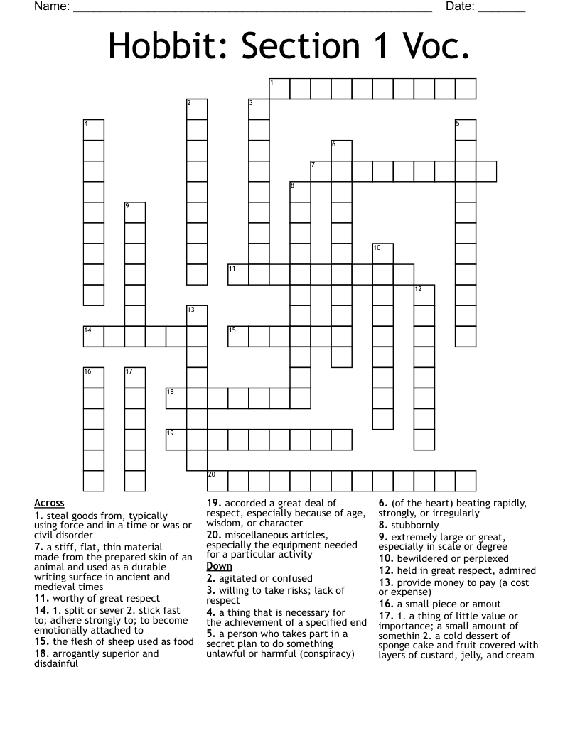 Hobbit:  Section 1 Voc. Crossword