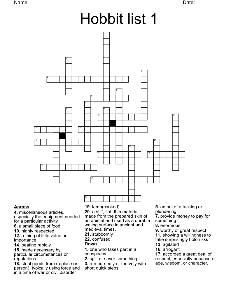 Hobbit list 1 Crossword