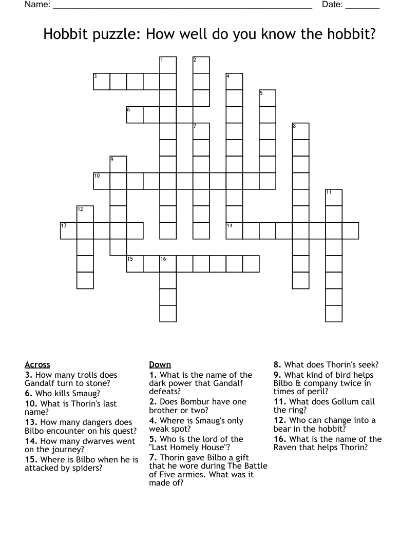 Hobbit puzzle: How well do you know the hobbit? Crossword