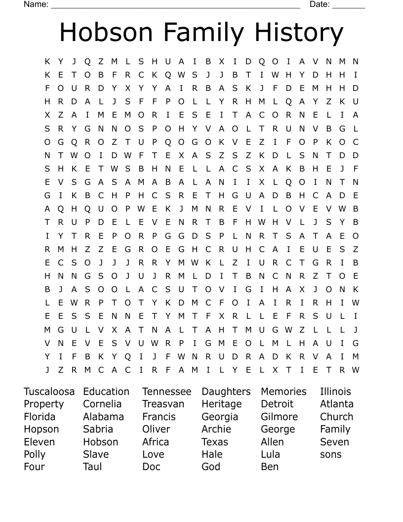 Hobson Family History Word Search