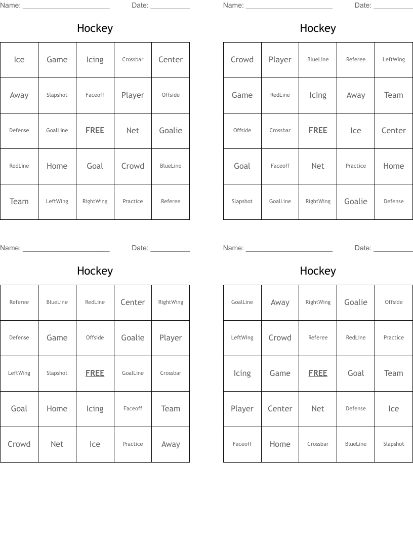 Hockey Bingo Cards