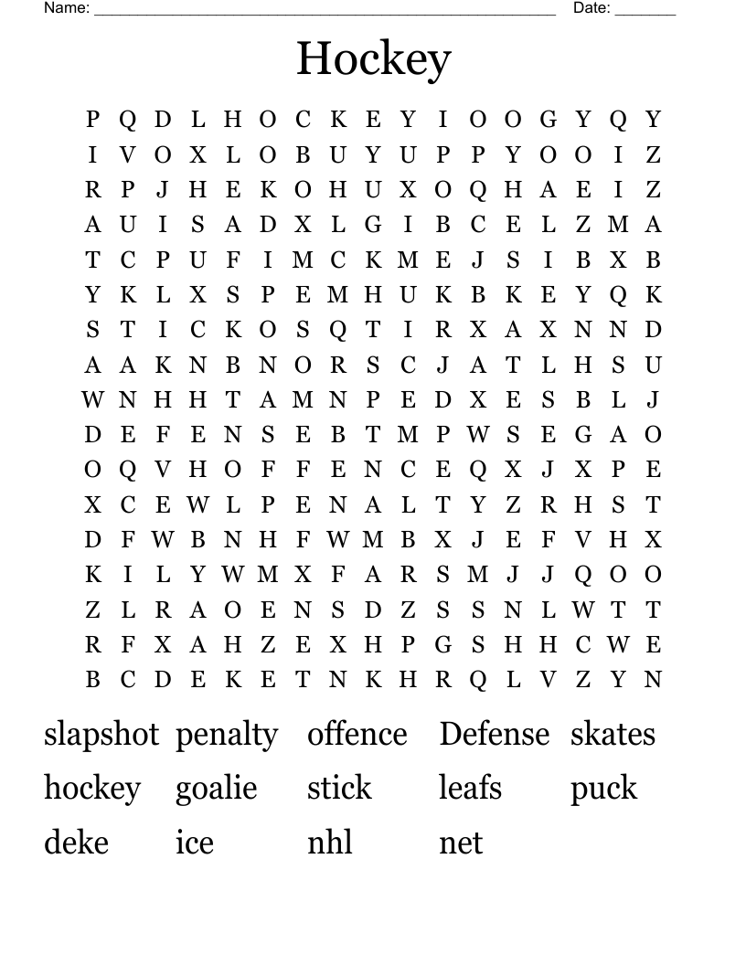 Hockey Word Search