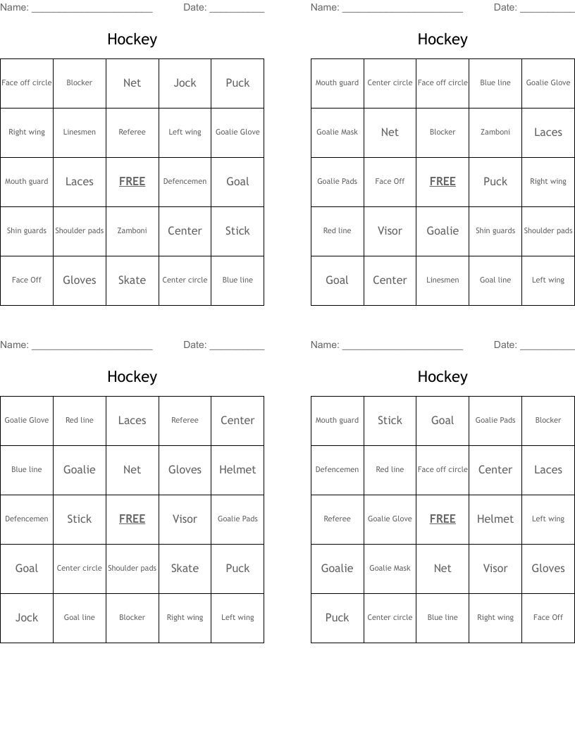 Hockey Bingo Cards