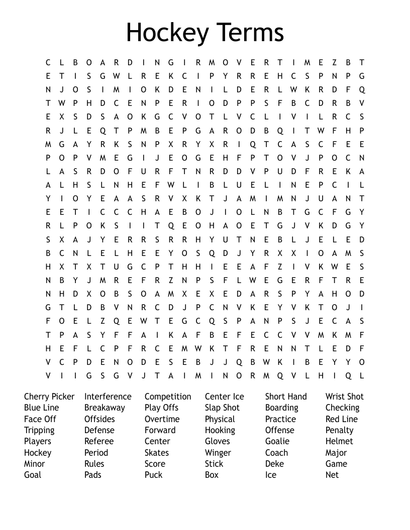 Hockey Terms Word Search