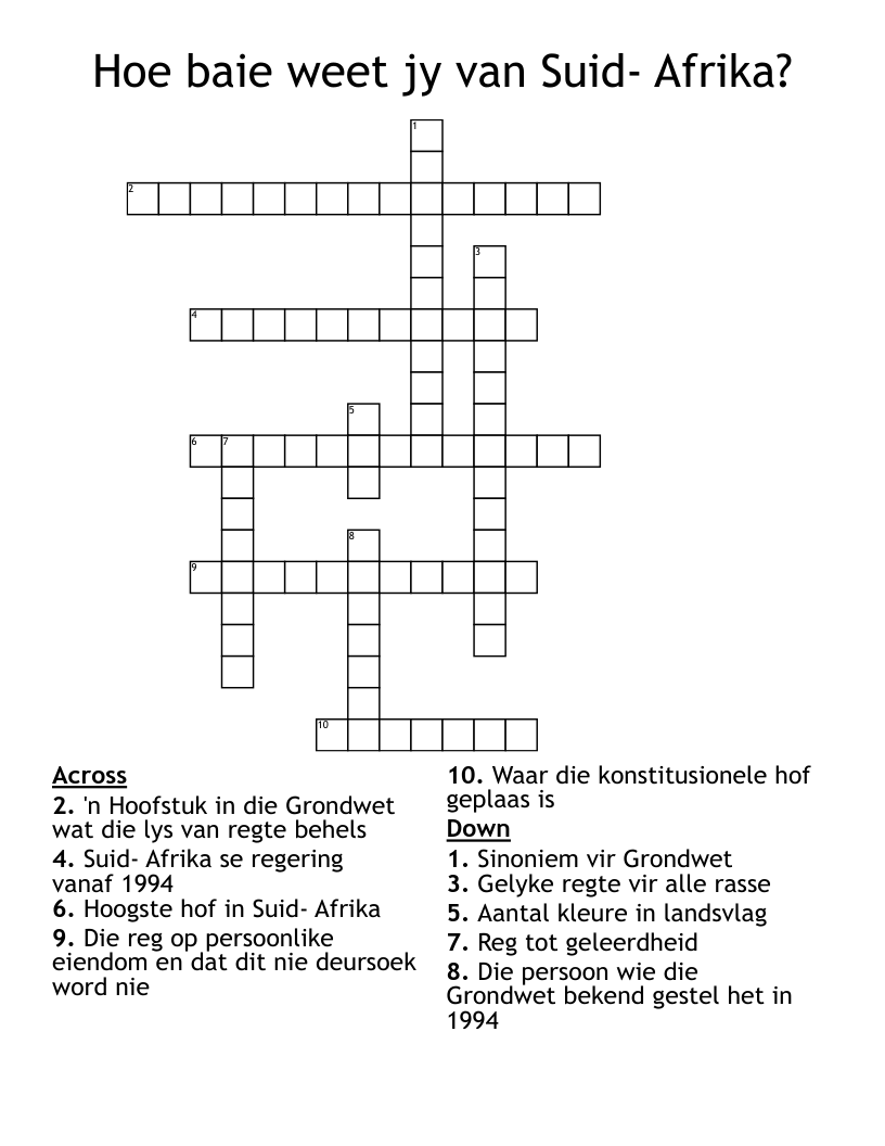 Hoe baie weet jy van Suid- Afrika? Crossword