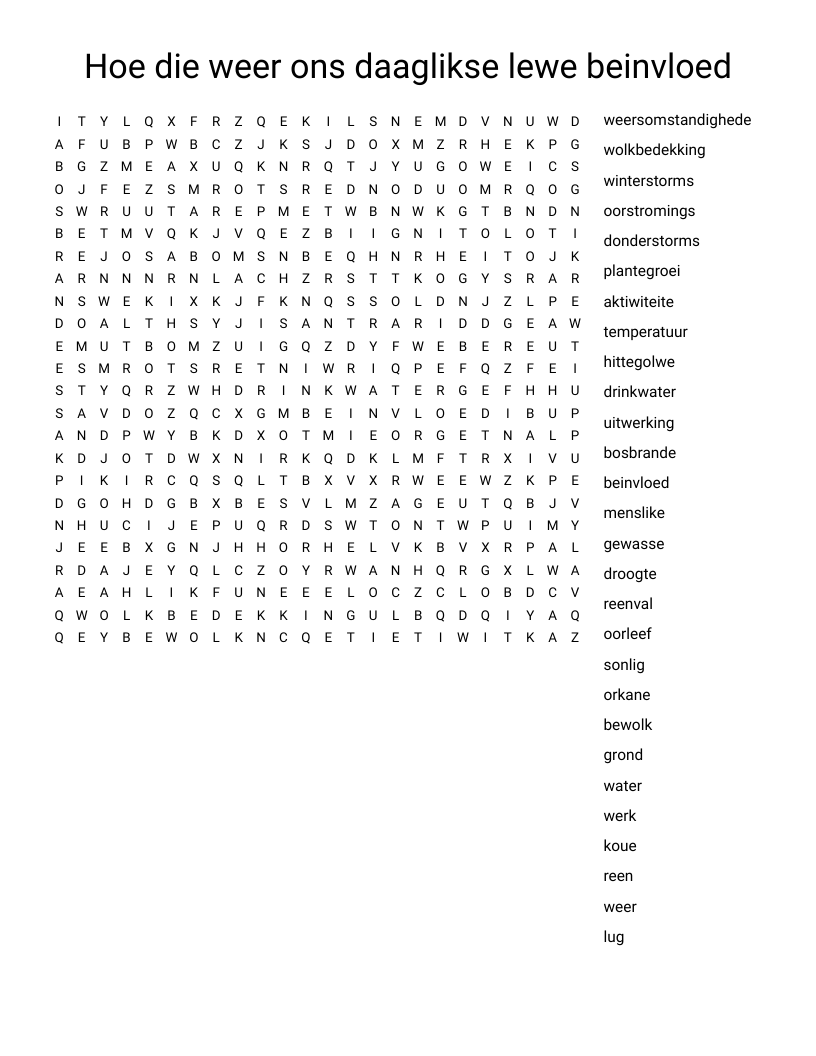 Hoe die weer ons daaglikse lewe beinvloed Word Search