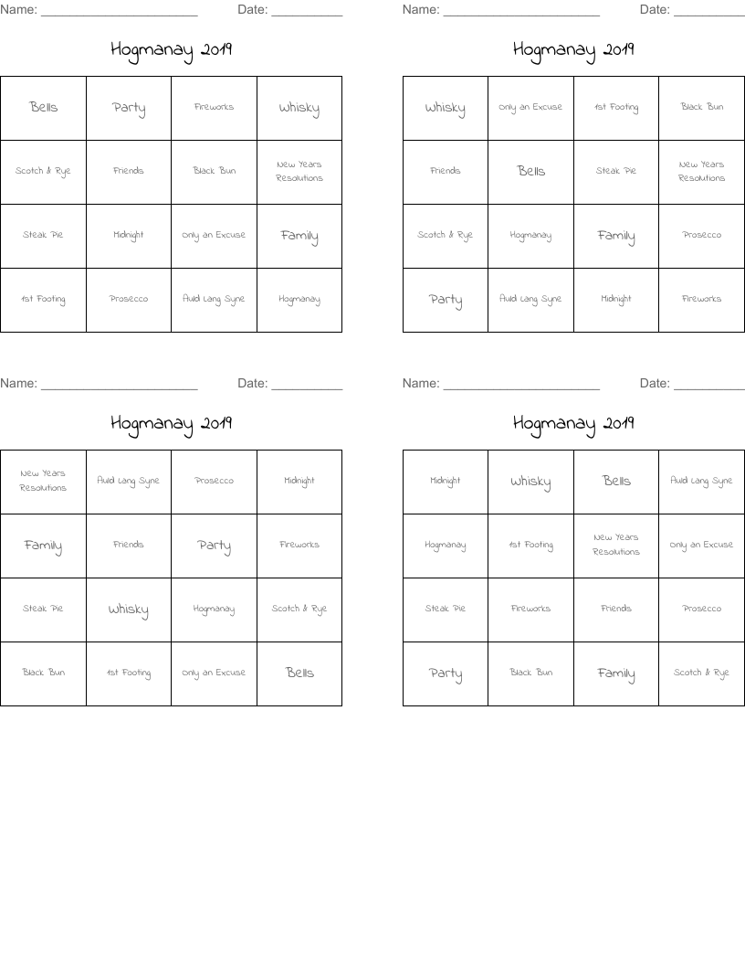 Hogmanay 2019 Bingo Cards