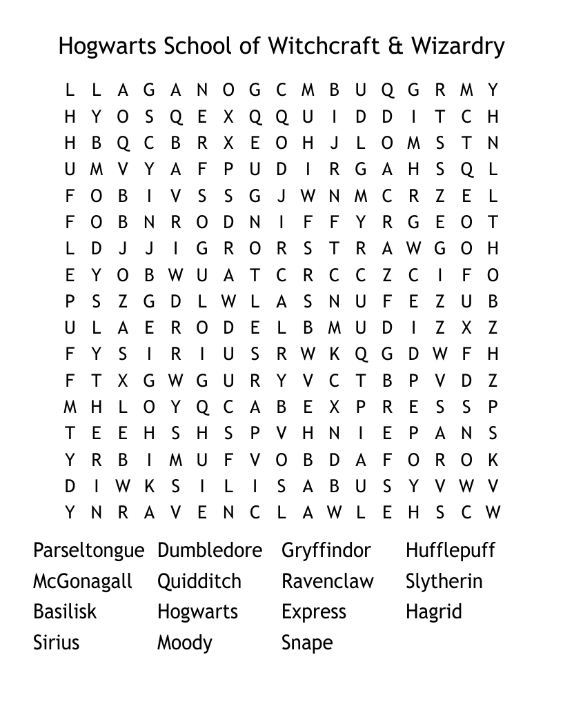 Hogwarts School of Witchcraft & Wizardry Word Search