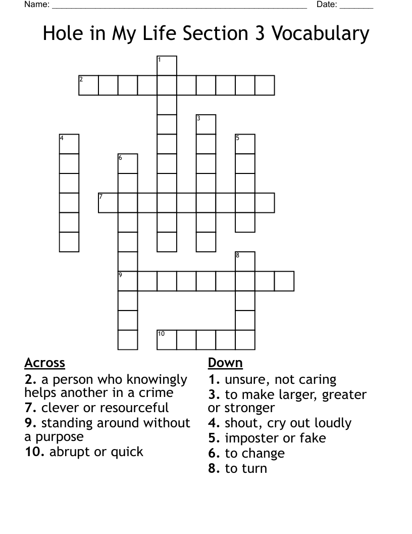 Hole in My Life Section 3 Vocabulary Crossword