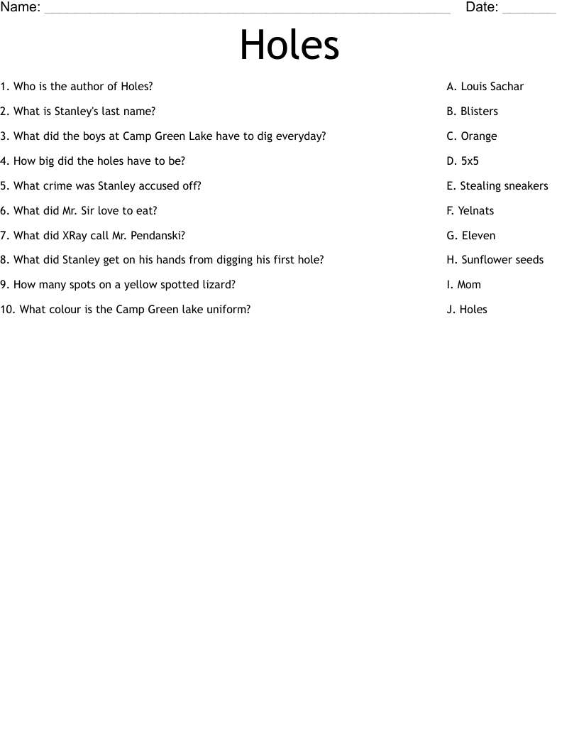 Holes Worksheet