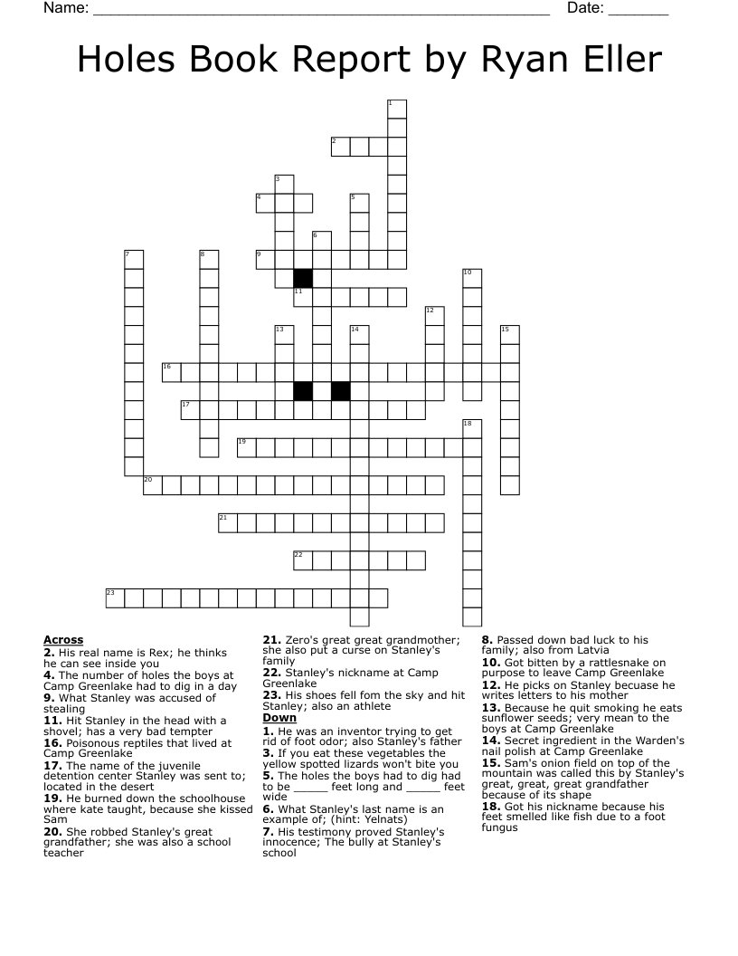 Holes Book Report by Ryan Eller Crossword