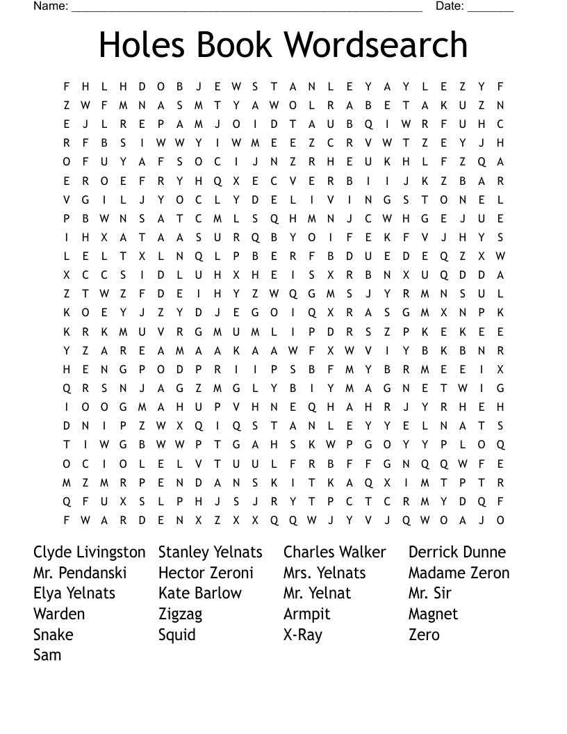 Holes Book Wordsearch