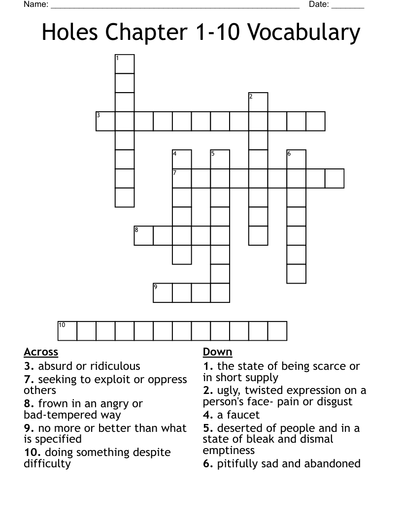 Holes Chapter 1-10 Vocabulary Crossword