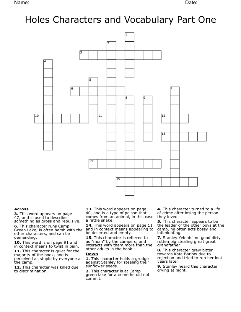 Holes Characters and Vocabulary Part One Crossword