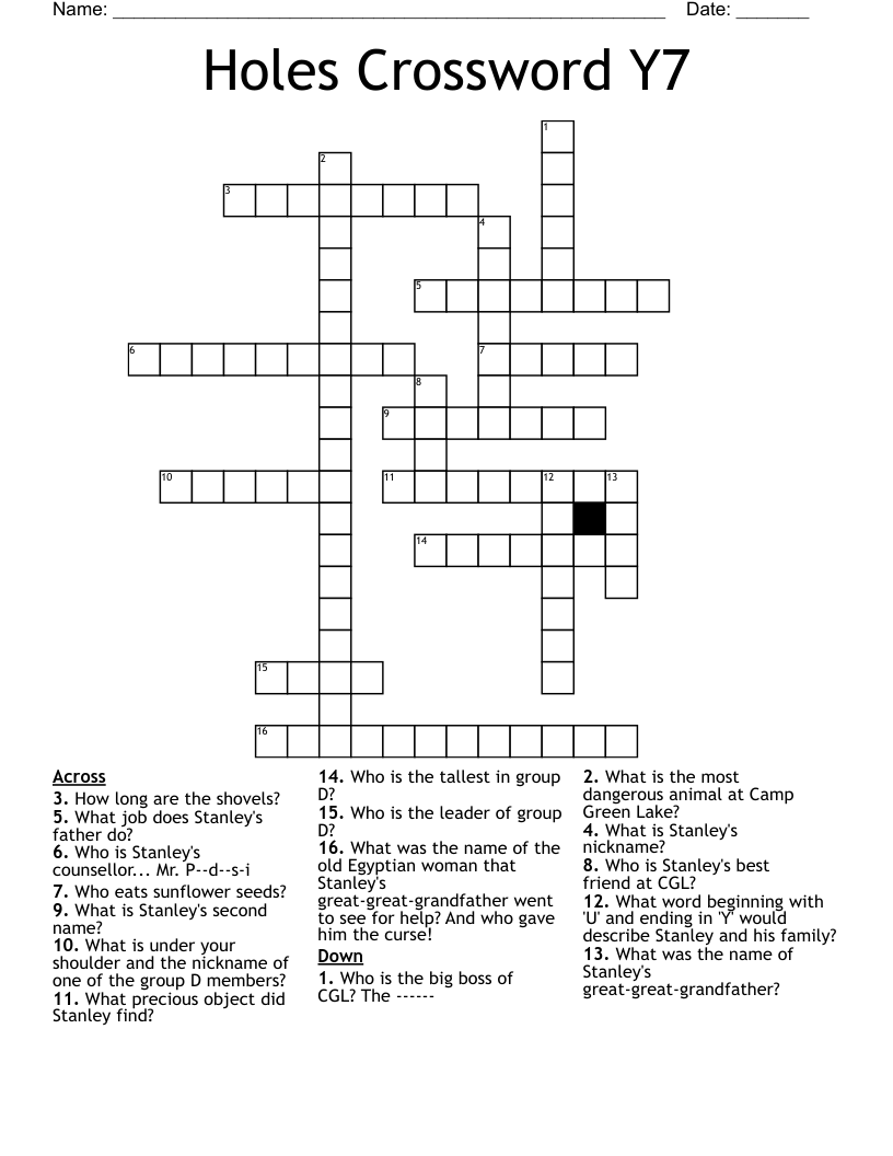 Holes Crossword Y7
