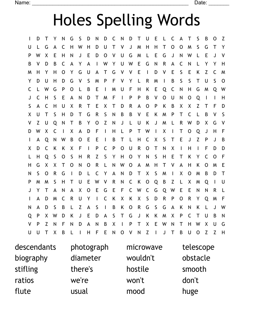 Holes Spelling Words  Word Search