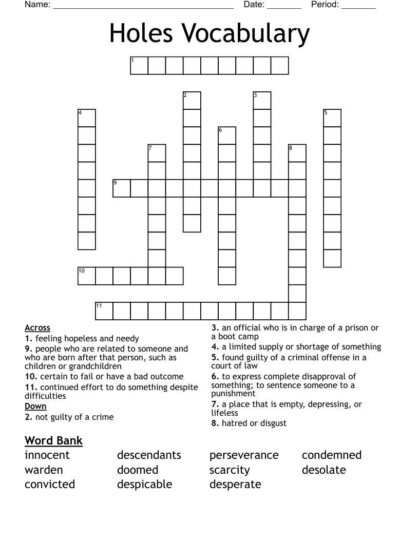 Holes Vocabulary Crossword