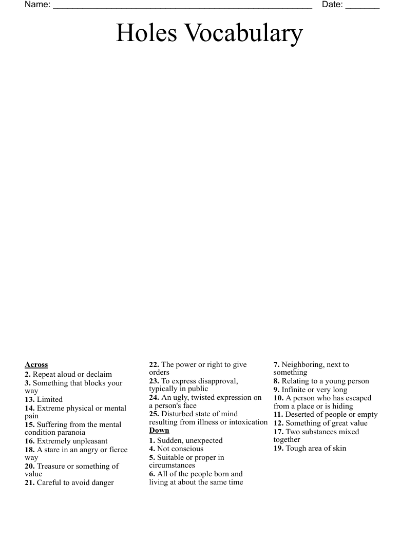 Holes Vocabulary Crossword